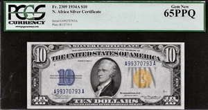 1934A WWII North Africa Emergency Issue $10 Silver Note Fr. 2309 PCGS Gem 65 PPQ - Picture 1 of 2