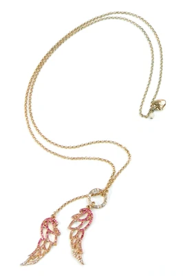 Betsey Johnson Rose Gold Tone Pink Ombre Rhinestone Angel Wing Lariat Necklace - Image 1 of 4