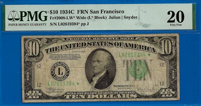 1934C $10 Federal Reserve note PMG 20 San Francisco star Fr 2008-LW - Image 1 of 2