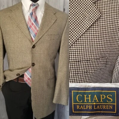Vintage Ralph Lauren Chaps Men's Blazer 40r  Silk Wool Houndstooth Tan Black - Image 1 of 4