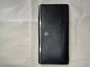 Tory Burch Emerson schwarze schmale Geldbörse aus Saffianoleder mit Umschlag 7 1/2 x 4 - Bild 1 von 4