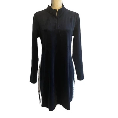 DKNY Sporty Chic Velour Dress Long Sleeve Mock Neck Logo Side Stripes Size Large - Image 1 of 4