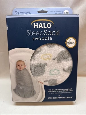 Saco de dormir HALO envoltura de 3 vías - micro vellón estampado Elephant Dreams (0-3 meses) nuevo en caja Foto 1 de 2