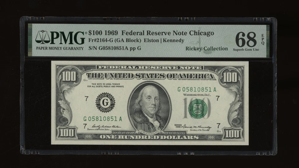 DBR 1969 $100 FRN Chicago Superb Gem Fr. 2164-G PMG 68 EPQ Serial G05810851A - Image 1 of 2