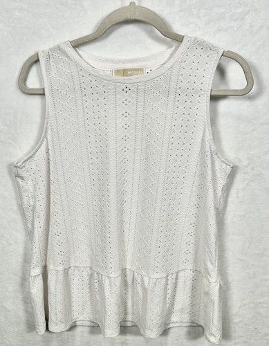 Top Michael Kors bianco con occhielli in pizzo senza maniche scollo tondo con volant grande L