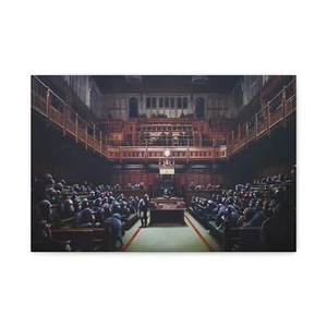 Canvas Print, Banksy Street Art Wall Decor, Parliment Devolved into Chimpanzees, - Picture 1 of 17