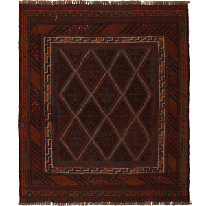 Handmade Square Wool Rug Traditional Mashwani Vintage Red Rug 3'5x4'1 ft -W16928