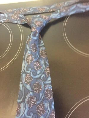 Men's Neck Tie River Island 3.50" Wide 57" Long Blue Floral Silk Made in Britain - Image 1 of 4