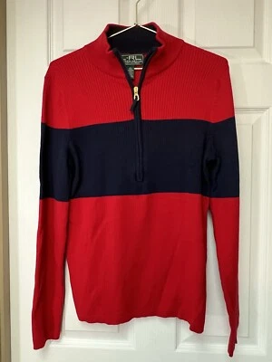 L-RL Ralph Lauren Pullover Activo 1/4 Cremallera Suéter Mujer Grande Acanalado Tejido Rojo Azul Foto 1 de 4