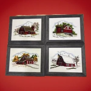 Vtg Crewel Red Barn Framed Embroidery Country 1970s Wall Art Seasonal Set Of 4 - Picture 1 of 20