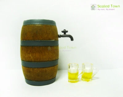 Dollhouse Miniature Beer Barrel Cask Keg & 2 Wine Glass Cup Mug Bar Drink 1:12 - Image 1 of 4