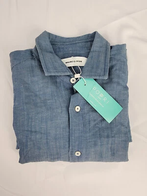 Camicia elegante uomo MWT Mauro Grifoni lino cotone denim blu 39 15 1/2 Italia $349 - Immagine 1 di 4