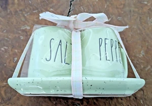 Rae Dunn Salt & Pepper Shakers & Tray Set Green Speckled Ceramic - Picture 1 of 6