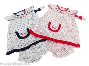 Baby girls dress navy or red  spotty summer set knickers & hairband 3 sizrs