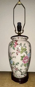 Chinese Raised Porcelain Hand Painted Pink Green Floral Table Lamp - Picture 1 of 4