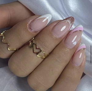 24 Medium Almond White Pink Glitter French Tip Press On False Nails Brand New - Picture 1 of 4