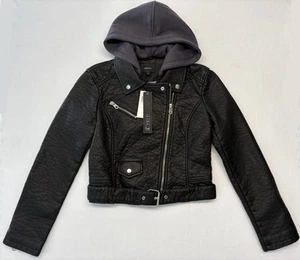 Members Only Black Cropped Faux Leather Thick Pebbled Moto Jacket W/Hood Size L - Picture 1 of 11