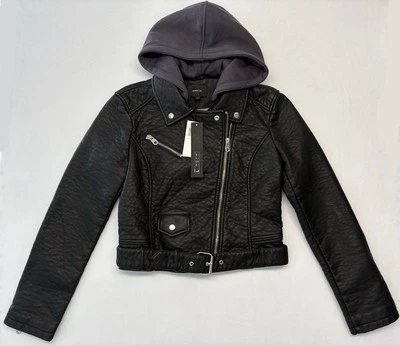 Members Only Black Cropped Faux Leather Thick Pebbled Moto Jacket W/Hood Size L - Image 1 of 4