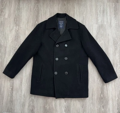 Men’s Medium, Roundtree & Yorke Black Pea Coat, Wool Blend Jacket Double Breast - Image 1 of 4