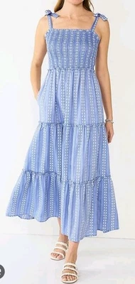 DRAPER JAMES XXL CHAMBRAY BLUE EMBROIDERED TIERED MAXI BOW STRAP SMOCK DRESS 227 - Изображение 1 из 4