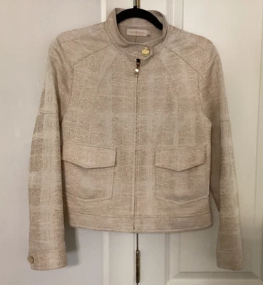 Chaqueta Tory Burch Larissa Beige Dorado Botones Cremallera Bolsillo Abrigo Mujer Talla 4 Foto 1 de 4
