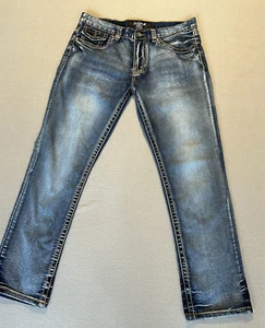 True Luck Jeans Men 34X32 Blue Denim Straight Western Wide Stitch Whisker - Picture 1 of 12