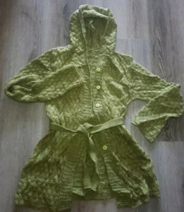 Women size M belted handknit sweater buttons hooded green duster knit  cardigan - Picture 1 of 5