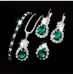 Silver Jewellery Set Green Crystal Necklace Bracelet Earrings & Ring Banquet - Picture 1 of 6