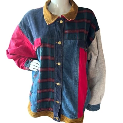 Винтажная джинсовая клетчатая фланелевая вельветовая замшевая куртка 80-х Venezia Colorblock - Изображение 1 из 4