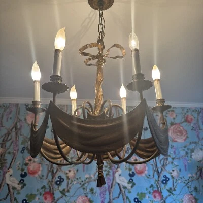 Antique French Italian  Bronze Swag Tassel Chandelier 6 Light - Image 1 of 4