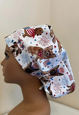 Patriotic Dogs Animal SCRUB HAT Ladies Euro USA - Nurse Chef White Puppy Flag  - Image 1 of 4