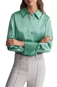 NWOT $295 Reiss Haley Silk Satin Shirt in Aqua 6 - Picture 1 of 7