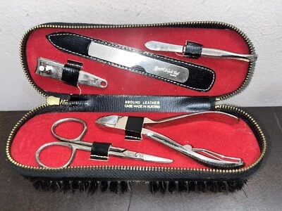 Vtg Mens Travel Grooming Kit. Brush & Grooming Set. Made In Austria. Leather/zip - Image 1 of 4