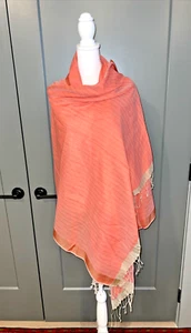 Neeru Kumar Silk Coral Pink Stripe Shawl Scarf Wrap Lagenlook Artsy Art To Wear - Picture 1 of 5