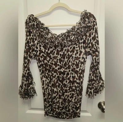 Vintage Agora Cheetah Print Top Long Sleeve Fringe V-neck Stretchy Pleated M - Image 1 of 4
