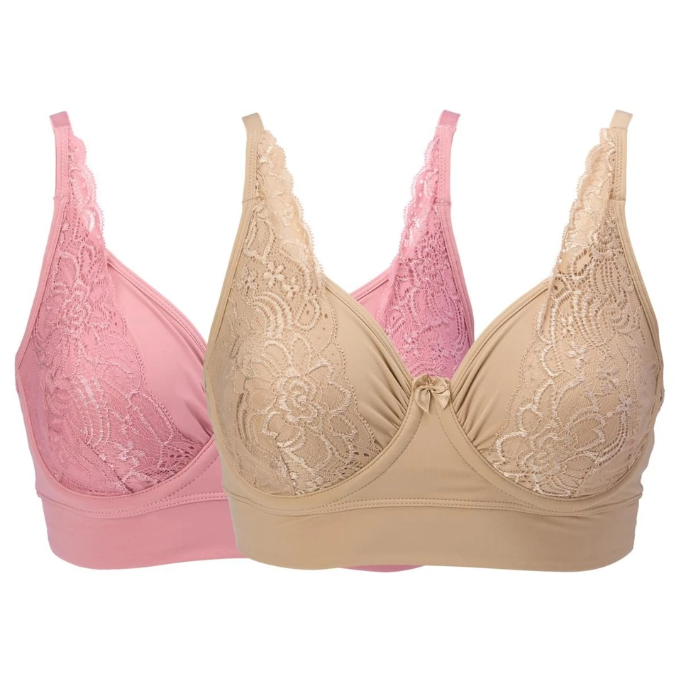 Paquete de 2 sujetadores Rhonda Shear Butterknit sin aros con aros de encaje beige/rosa polvorienta Foto 1 de 1