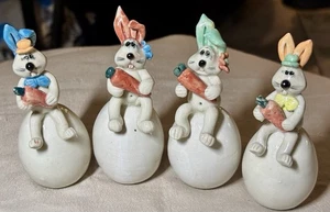 Vintage Handmade Ceramic Easter Bunny Figurine Set of 4 Hand Painted Carrot (9) - Picture 1 of 7