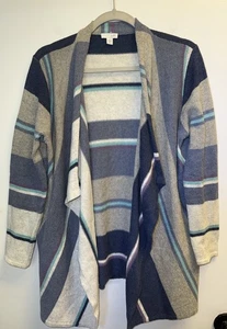 J Jill Sweater Open Cardigan Knit Stripes Blue Gray Stretch Waterfall Small Pet - Picture 1 of 8