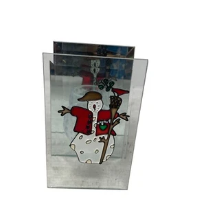 Winter Snowman Candle Holder Stained Glass Mirrored Votive Tea Light 6x3.5 - Picture 1 of 7