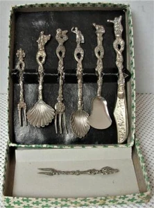 Vint 7 pc. ORNATE SMALL CONDIMENT UTENSIL SET Orate Finials Silver Brass Italy - Picture 1 of 5