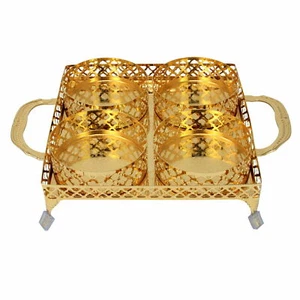 Chrome Gold Plated Serving Tray Paandan With 4 Bowls & Handles Mirror Polished - Picture 1 of 15