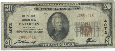BILLETE NACIONAL DE 20 DÓLARES DE 1929 = EL BANCO NACIONAL PATERSON - PATERSON, NJ Foto 1 de 4