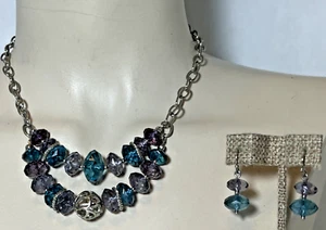 Napier Silver Tone Chain Purple Blue Faceted Bead Necklace Pierced Earrings Set - Picture 1 of 6