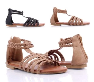 Sandalias de gladiador con cremallera y correas trenzadas de cuero sintético topo/negro para mujer - Imagen 1 de 17