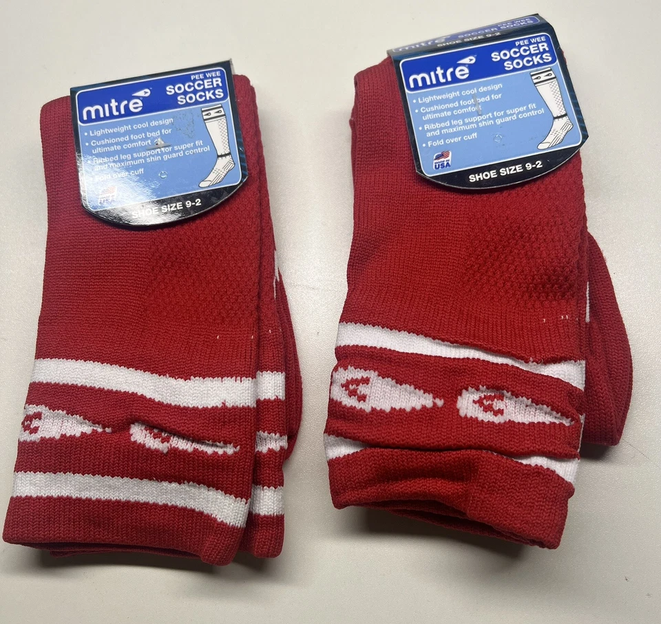 Mitre PEEWEE Soccer Socks Shoe Size 9-2 Red White Stripes 78216 Pee Wee