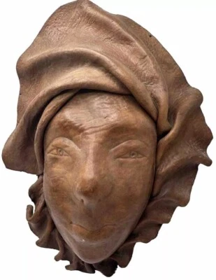 Vintage Leather Face Mask Chestnut Leather Molded Sculpture Wall Folk Art VTG - Image 1 of 4