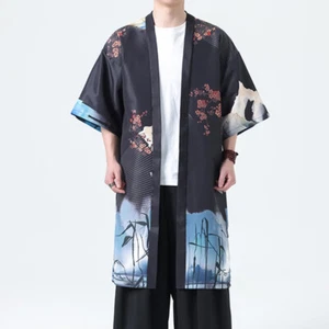 Hombres Retro Japonés Kimono Abrigo Delgado Largo Suelto Estampado Yukata Albornoz Prendas para el torso Verano - Imagen 1 de 14