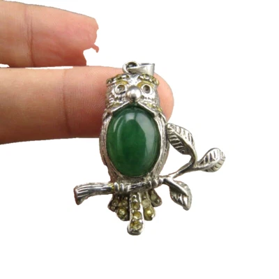 China, antiguo, incrustación de jadeíta natural, plata esterlina, búho, águila, colgante M2 Foto 1 de 4