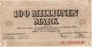 100 000 000 MARK FINE EMERGENCY ISSUED BANKNOTE FROM GERMANY/HÖRDE 1923 - Picture 1 of 2