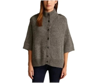 Poncho Banana Republic feminino L lã mistura alpaca capa cinza bolsos com botões - Imagem 1 de 4